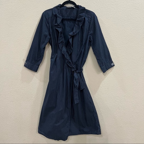 90 Spiegel Black Stripe Ruffle Collar Wrap Dress Sz 14 Goth Grunge Dark Romantic - Picture 1 of 10